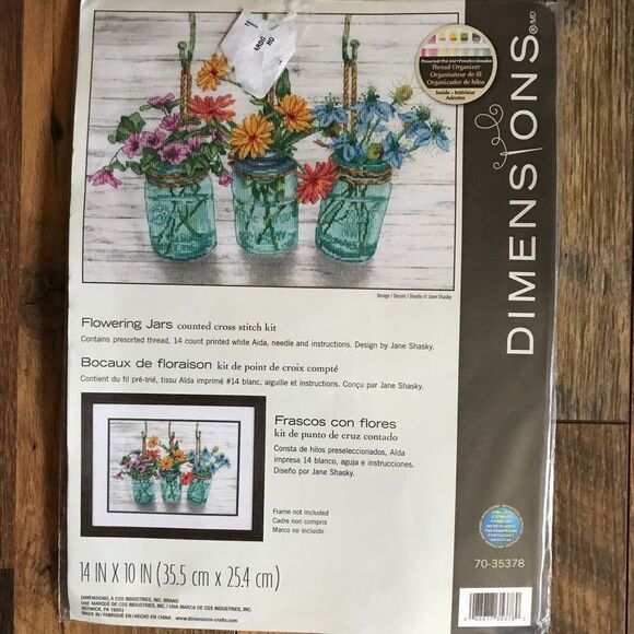 Dimensions14” x 10” inch counted Cross Stitch kit flowering jars 70-35378 - Picture 1 of 3